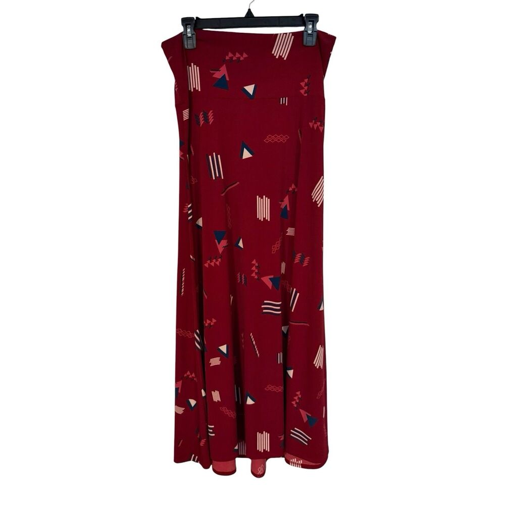 LuLa Roe Women's Maxi Skirt L Pull On Flattering Fit red geometric print